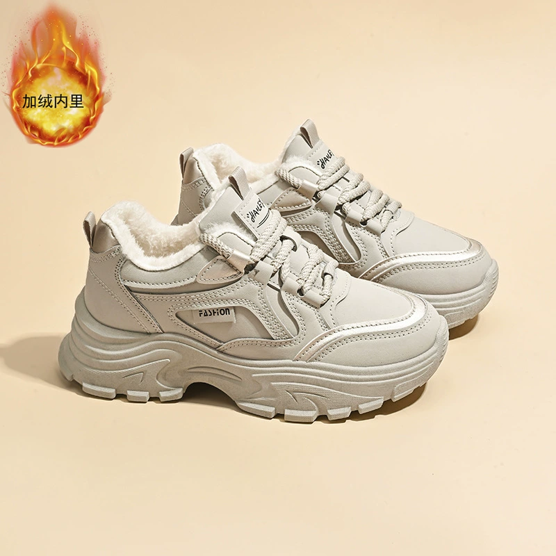 Baskets papa doublées polaire pour femme, hiver 2024, chaudes, semelle épaisse, running décontracté · MOHE China shoe factory