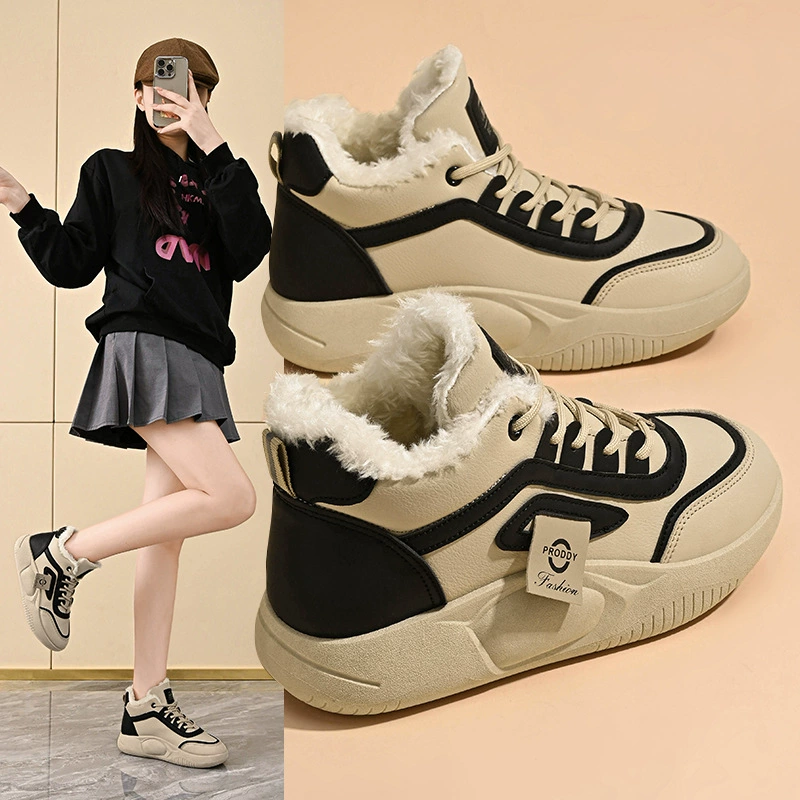 Sapatos Brancos Femininos Cano Alto Forrados de Pelos Inverno 2024, Tênis de Algodão Casuais Estilo Coreano
