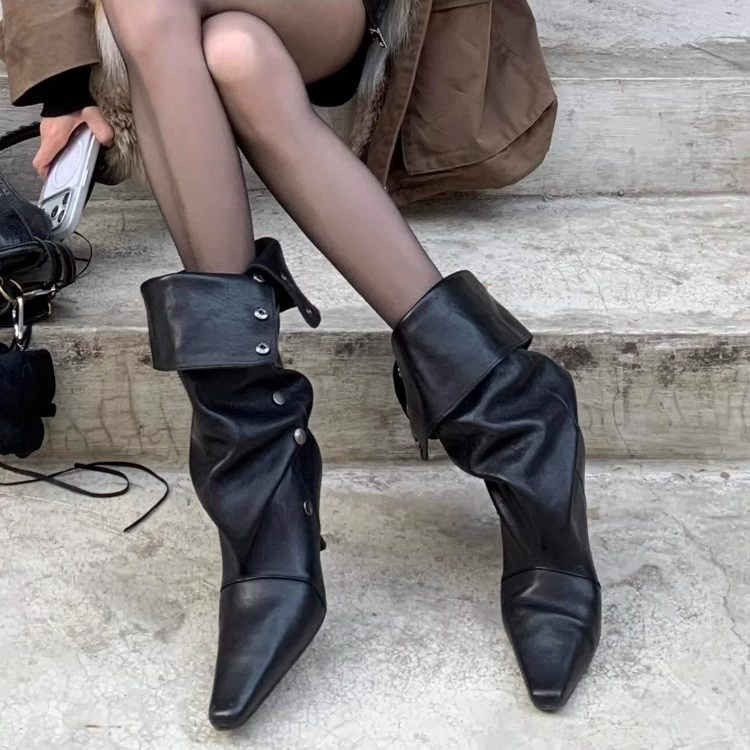 Damen schwarze Zwei-Wege-spitze Zehen-Stiletto-Stacked-Boots, Cowboy-Reitstiefel