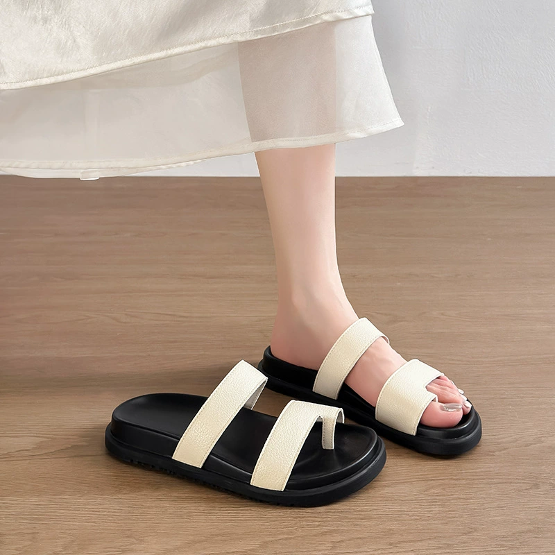 Été nouveau orteil boucle sandales femmes, double bride semelle épaisse plage mules décontractées · MOHE China shoe factory