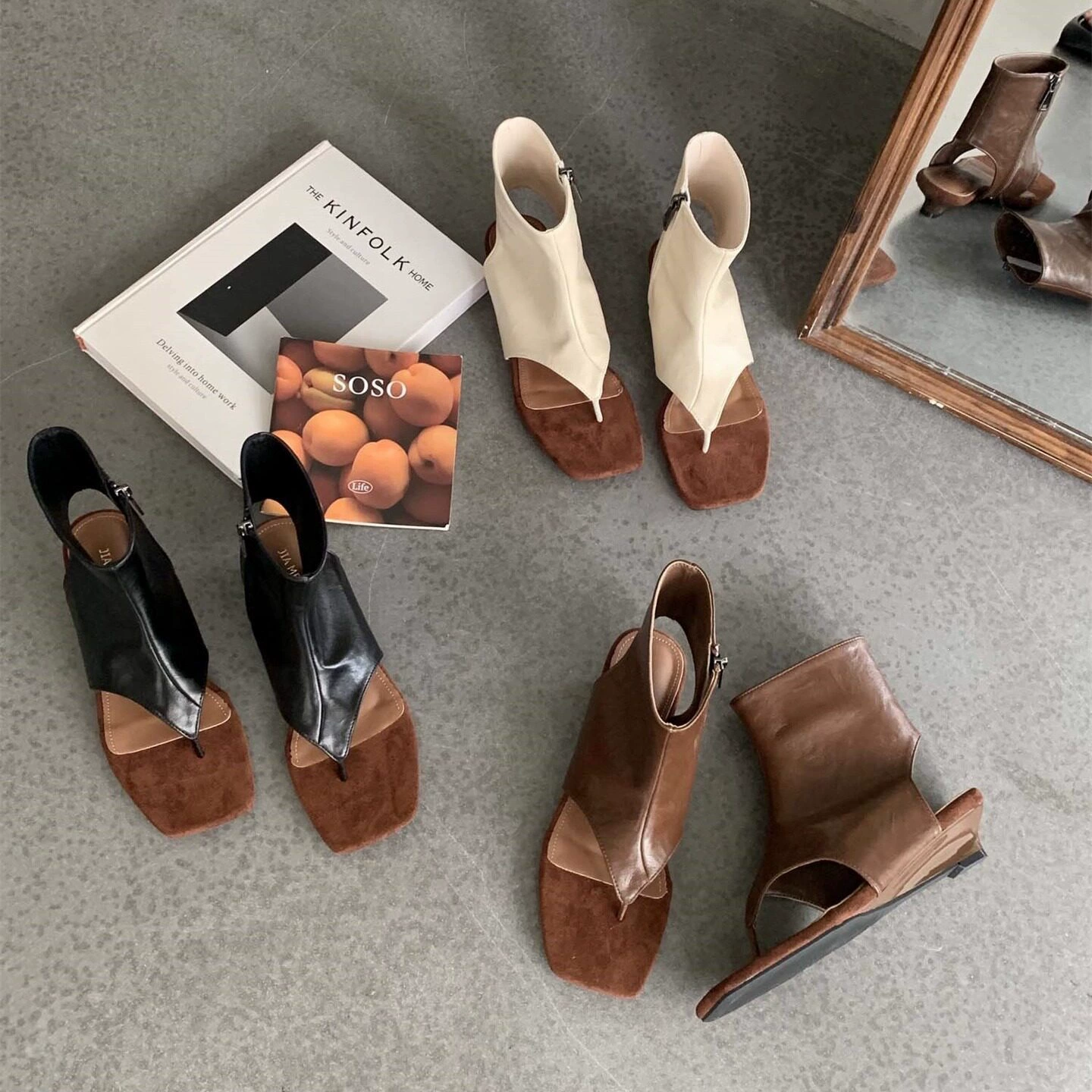 Chuyuji Sandalias de moda con punta cuadrada abierta, cremallera lateral, tacón bajo y anillo en el dedo para mujer · MOHE China shoe factory