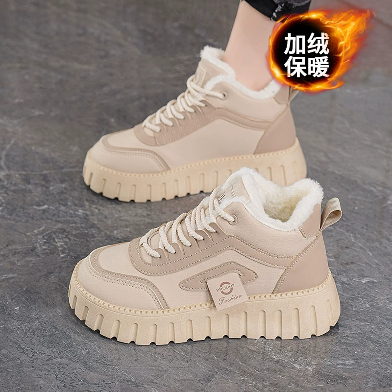 Zapatos Altos Forrados de Vellón Invierno Mujer Coreanos Gruesos Cálidos Zapatos de Algodón Botas Cortas Casual