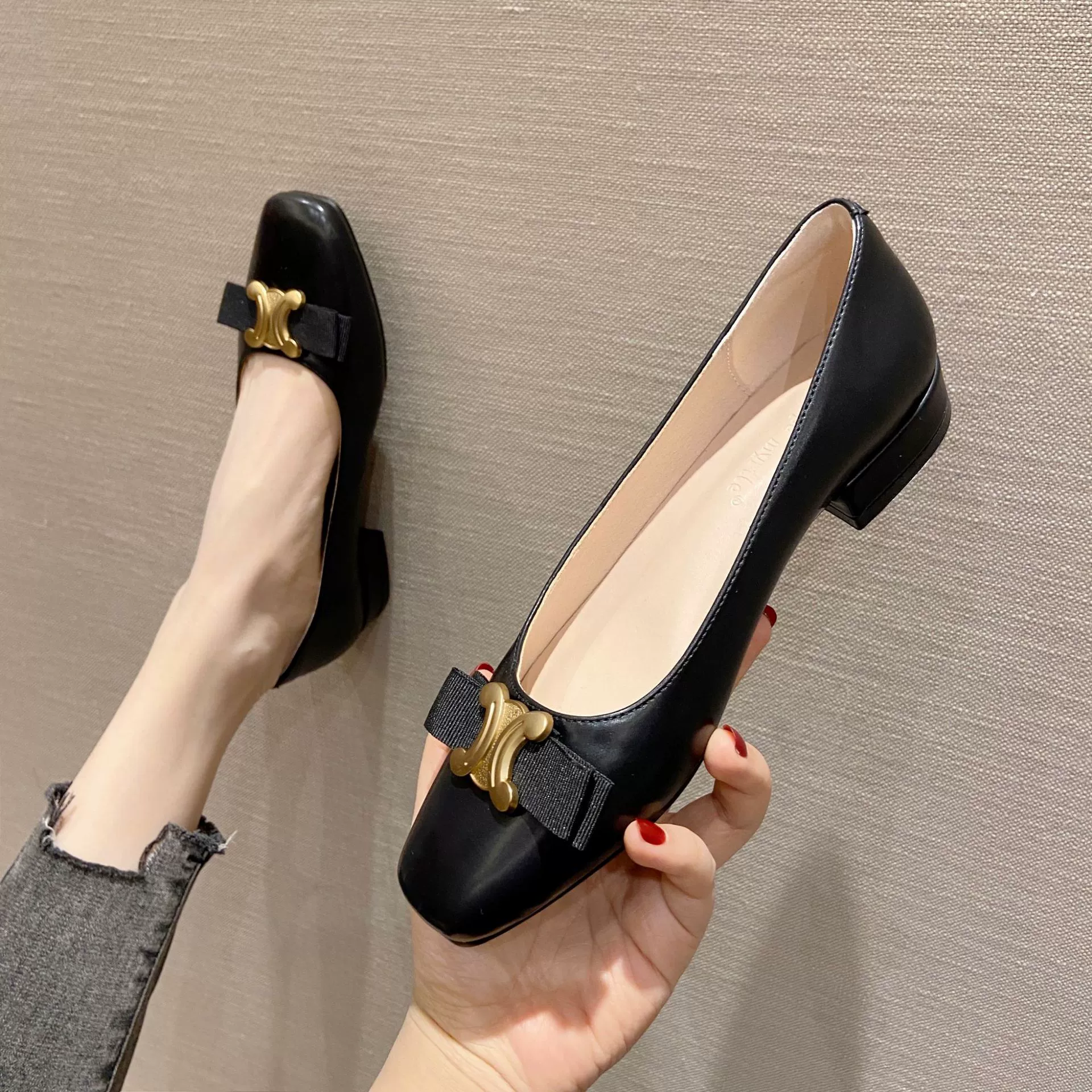 Arc de triomphe boucle métal orteil carré nœud plat petit talon chaussures femmes nouveau · MOHE China shoe factory