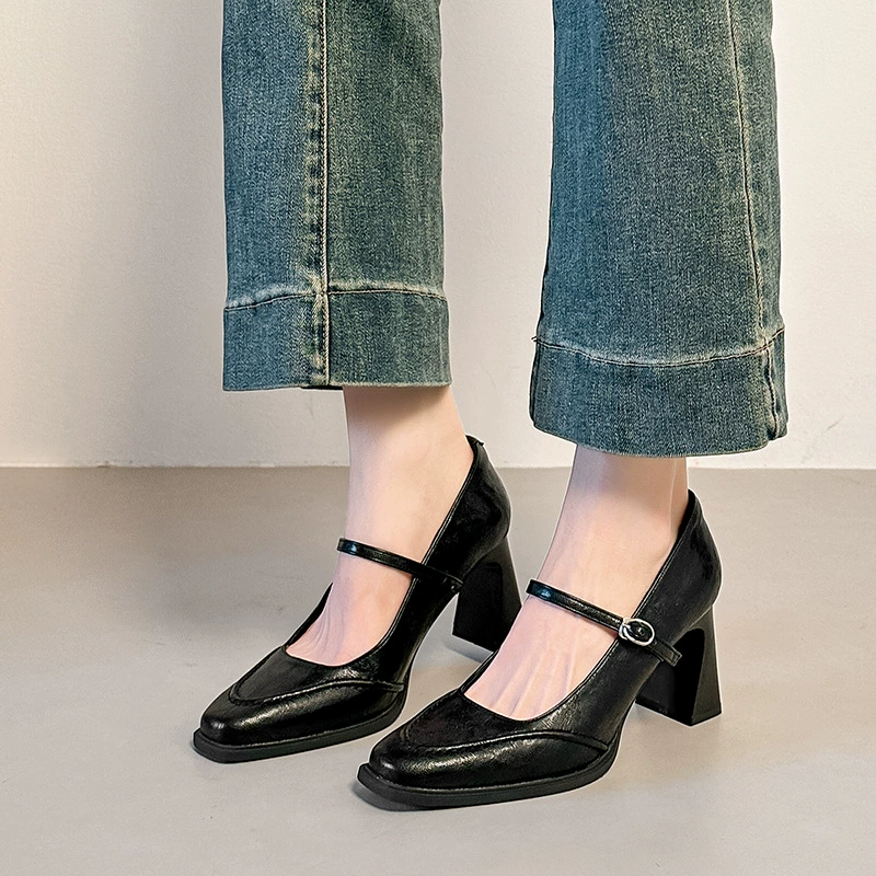 Chaussures Mary Jane femme bout carré, talon épais, style français, nouveau 2025 · MOHE China shoe factory