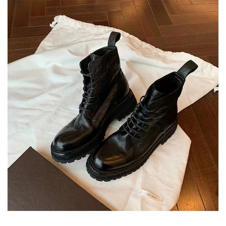 Nouvelles bottes Martin en cuir cheval lavé, bout rond, lacet, semelle épaisse pour femme