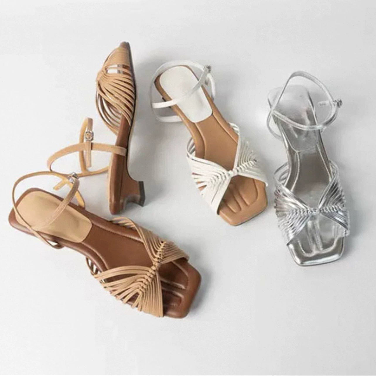 Sandalias Romanas Francesas Nuevas Vintage Tejidas Punta Cuadrada Abierta para Mujer Verano Tacón Kitten