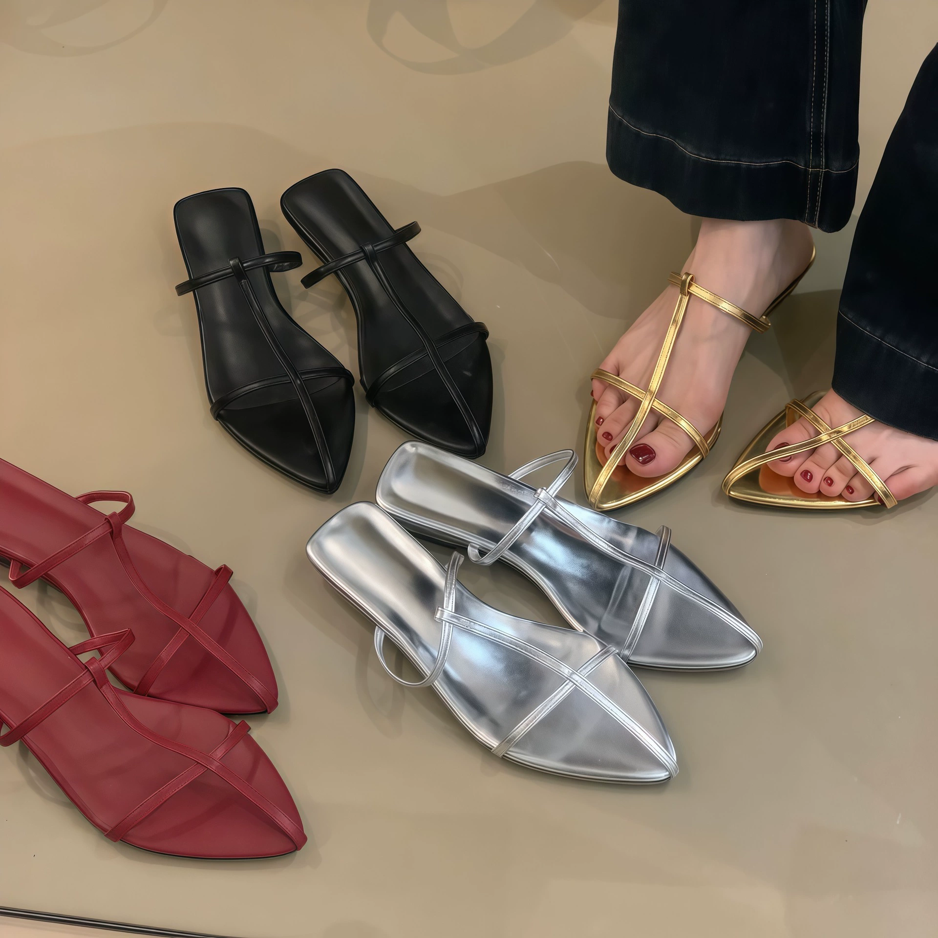 صندل مينيماليستي نسائي صيف 2026 فرنسي فاخر بحزام رفيع منخفض · MOHE China shoe factory