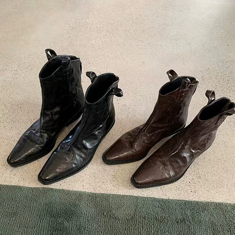 Nuevas botas vaqueras de tacón bloque con punta puntiaguda y corte en V para mujer, otoño