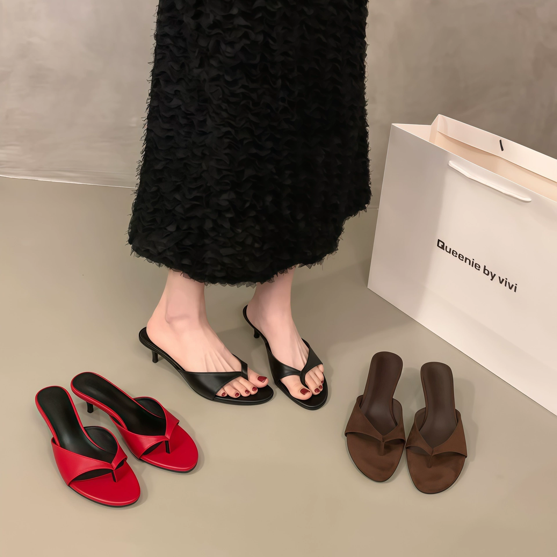 Chuyuji Sandales à Bride de Cheville à Talon Kitten Rouge, Femme Été 2026, Élégantes Noires · MOHE China shoe factory