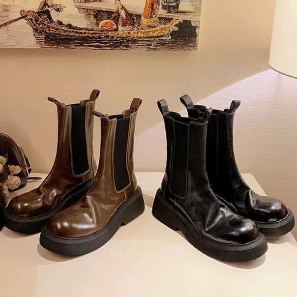 Neue Damen 6cm Geschrumpftes Rosshaut Elastikband Dicksohle Blockabsatz Kurze Chelsea Stiefel für Frühling