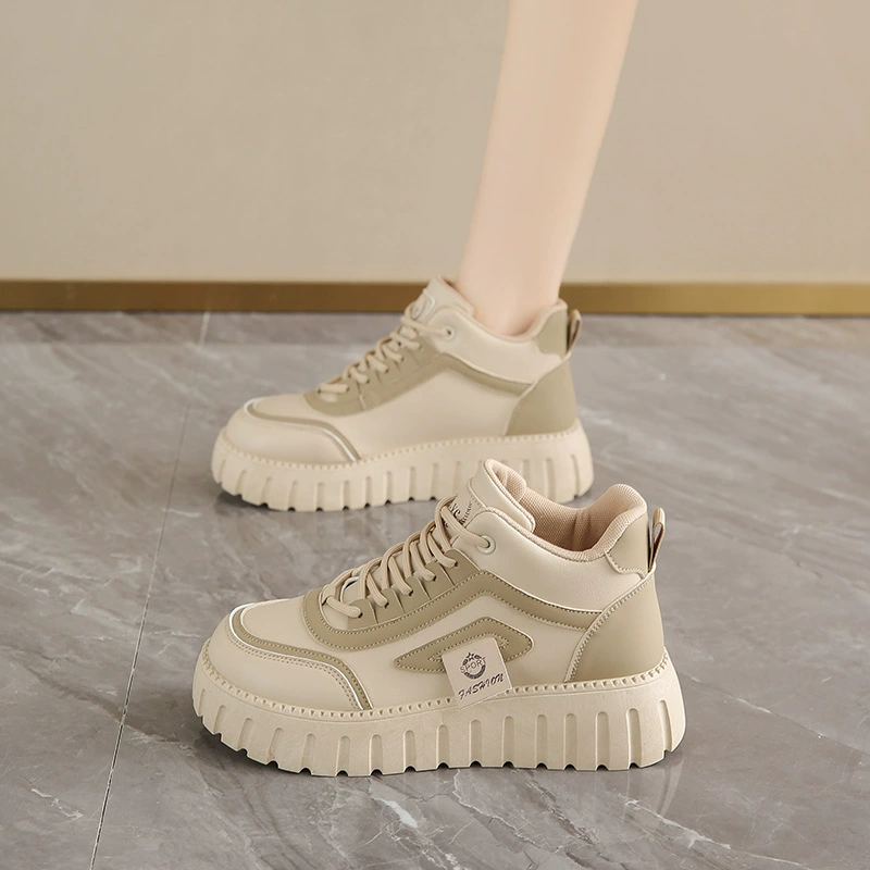 Baskets montantes blanches printemps 2025 pour femme, style coréen, semelle épaisse, chaussures décontractées