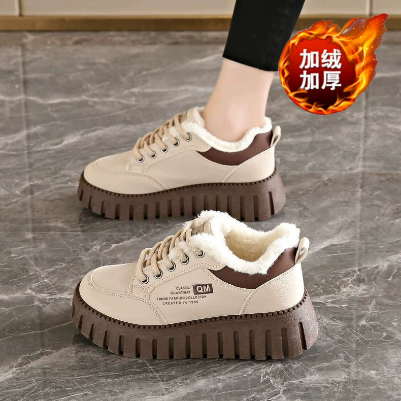 Zapatillas blancas de invierno forradas con fleece para mujer, suela gruesa, zapatos de algodón calientes y casuales