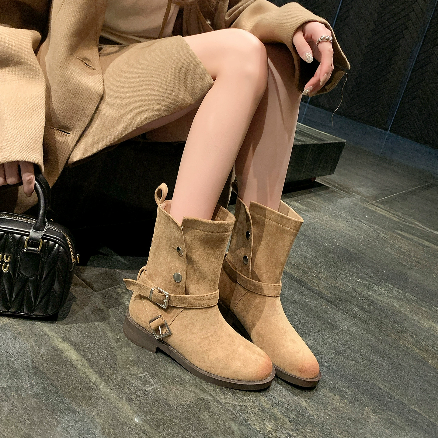 Autumn Winter Suede 3.5cm Heel Vintage Distressed Turn-Down Buckle Strap Chunky Western Mid-Calf Riding Boots for Women