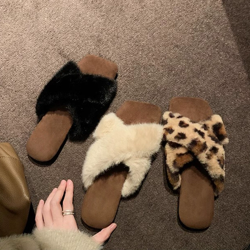 Zapatillas Mujer Nueva Punta Cuadrada Cruzada Cinta Perezosa Estampado Leopardo Pelo Plano Otoño Invierno