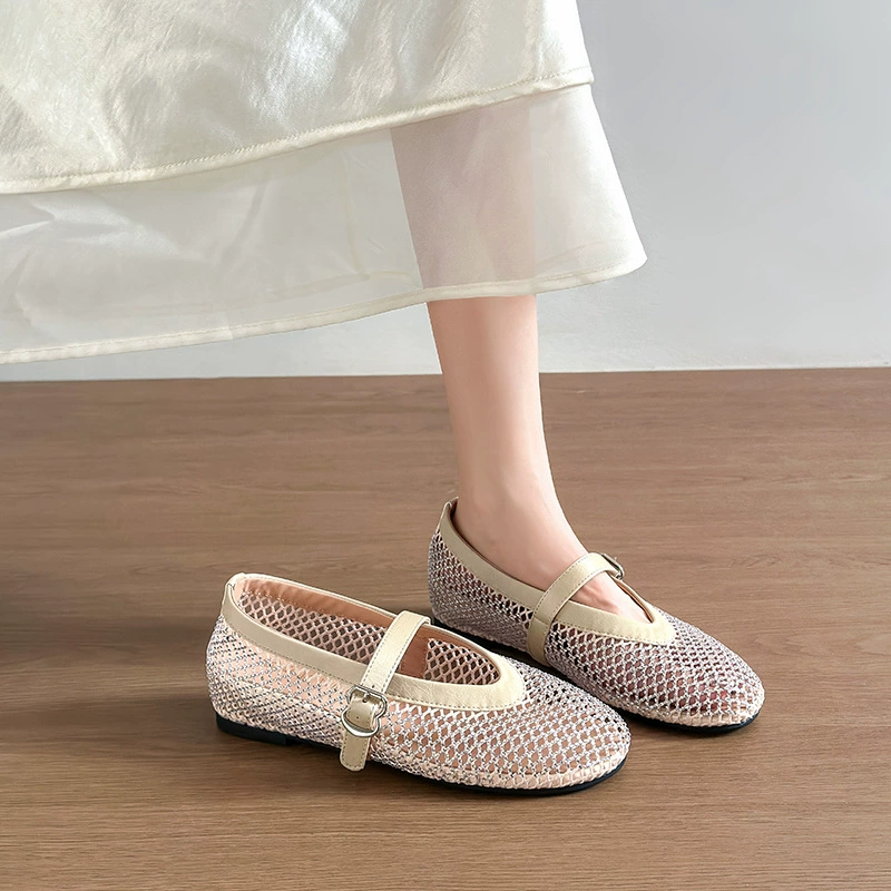 Kristall-Ballett-Fischernetz-Flats für Damen, atmungsaktiver versteckter Keil Mary Jane Sandalen · MOHE China shoe factory