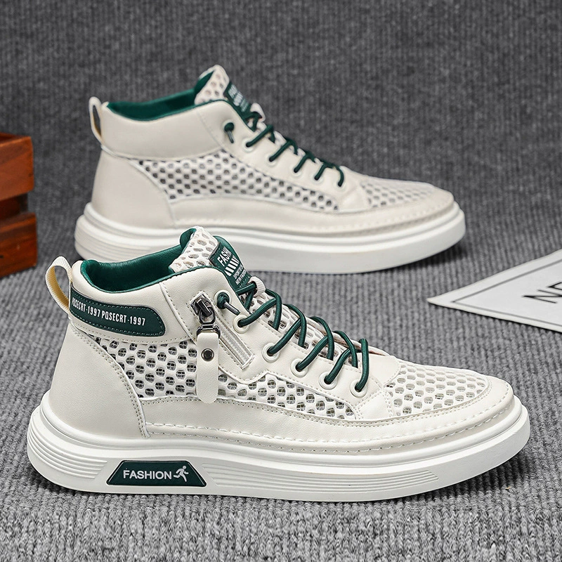 2026 Spring Trendy Hollow Mesh Breathable Thick Sole Casual Men Anti-Slip High Top Board