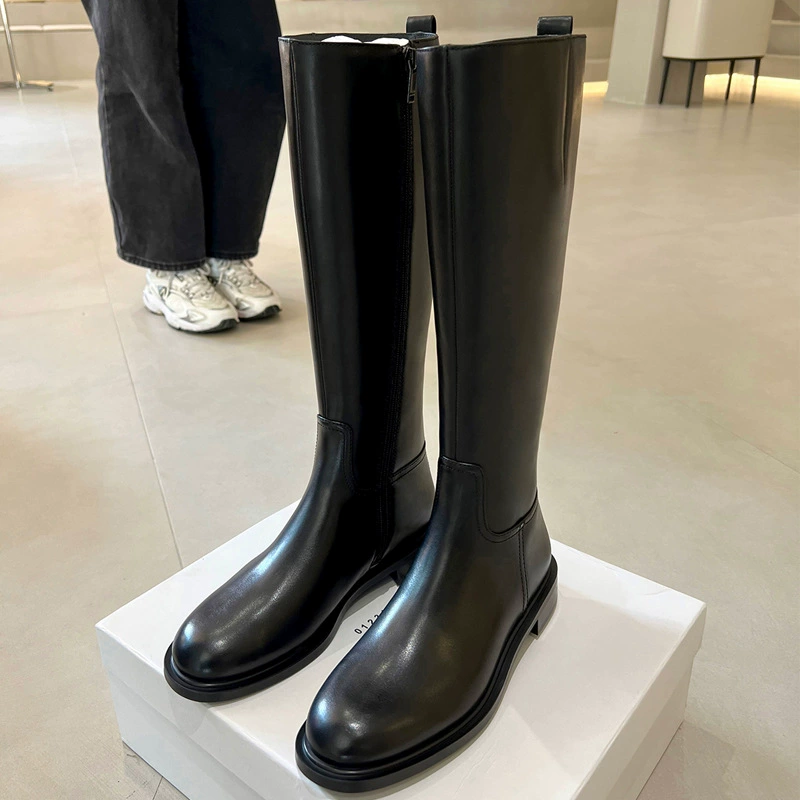Neue Herbst Winter Europäisch Amerikanisch Einfach Runde Spitze Blockabsatz Seite Reißverschluss Mode Hohe Oberseite Stiefel Damen Ritterstiefel