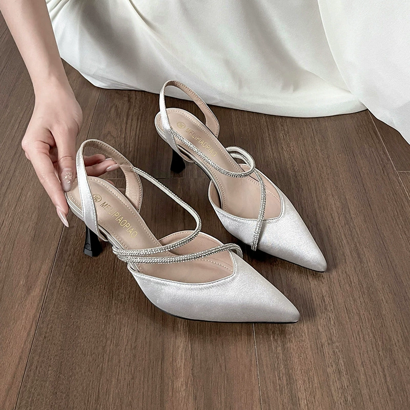 Talons Aiguille Bride Strass Élégants Français pour Femme, Bout Fermé Banquet