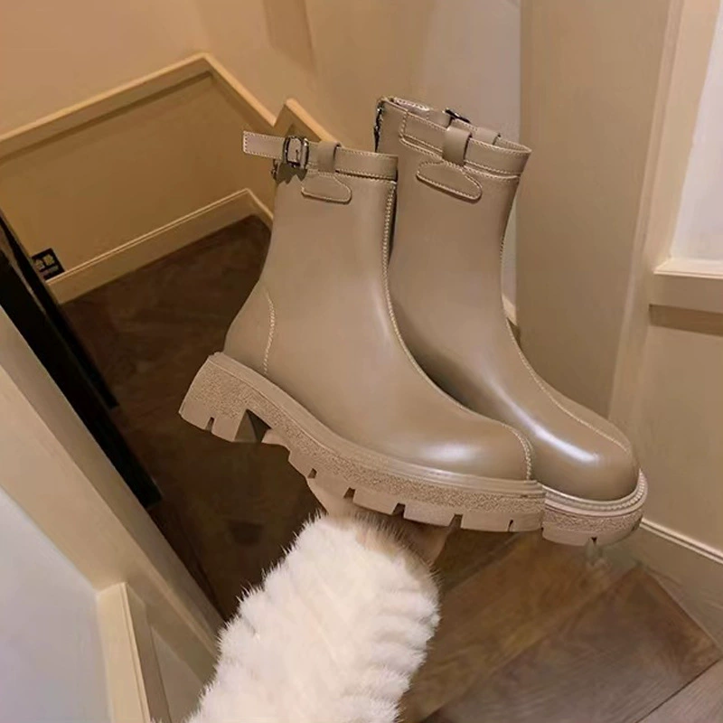 Neue Herbst Winter Seite Schnalle Dicke Sohle Blockabsatz Schlank Kurze Stiefel Blockabsatz Martin Stiefel Damen