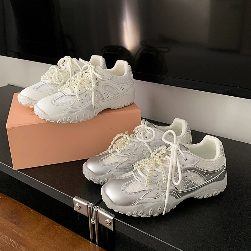 New Spring Lace Pearl Casual Sneakers for Women, Platform德训 Board Shoes