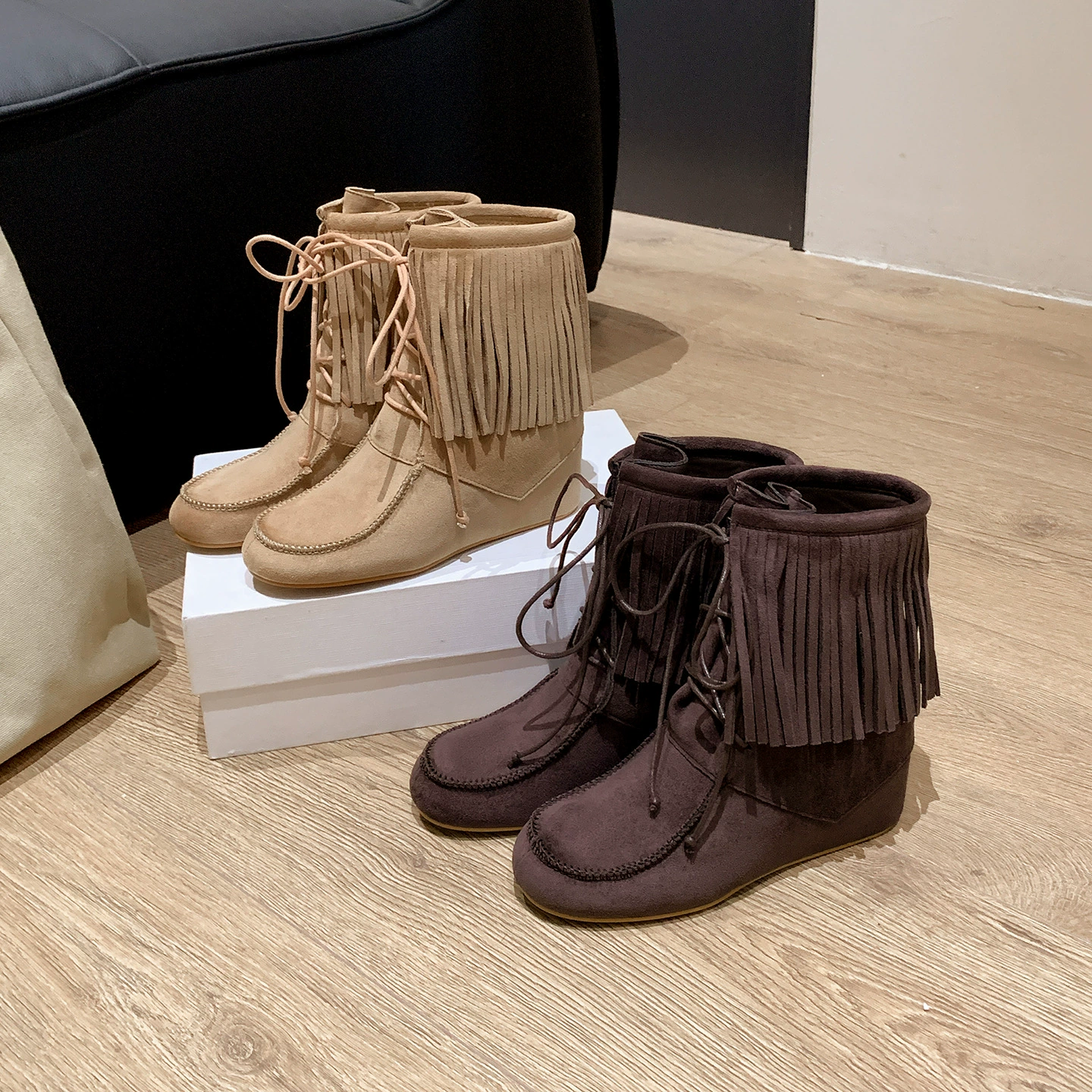 Vintage Fashion Boots for Women, New Winter Brown Maillard Style Boots with Tassel Casual Boots