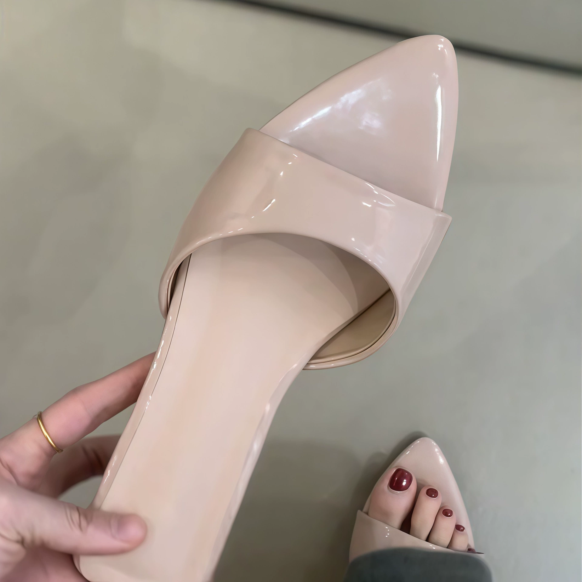 Sandálias Femininas de Bico Fino e Salto Baixo Minimalista, Bico Aberto Rosa Nude