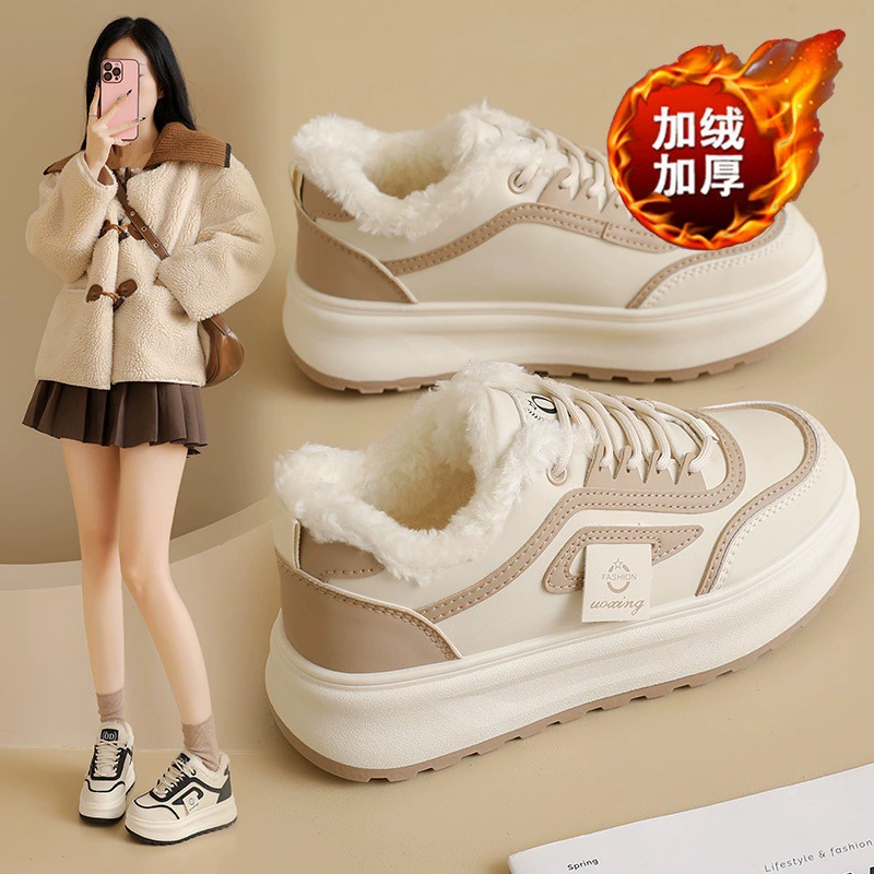 Winter Women's Fur-Lined White Sneakers, Korean Style, Thick Platform, Warm Cotton Casual Shoes