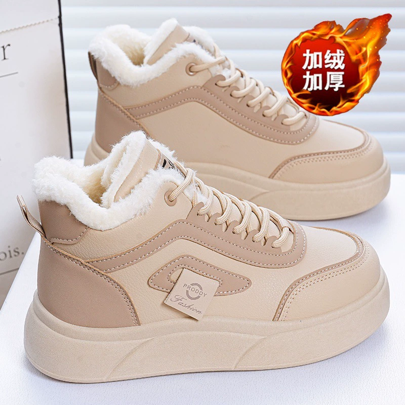 Zapatos Altos Forrados de Vellón Invierno Mujer Coreanos Gruesos Cálidos Zapatos de Algodón Casual Deportivas