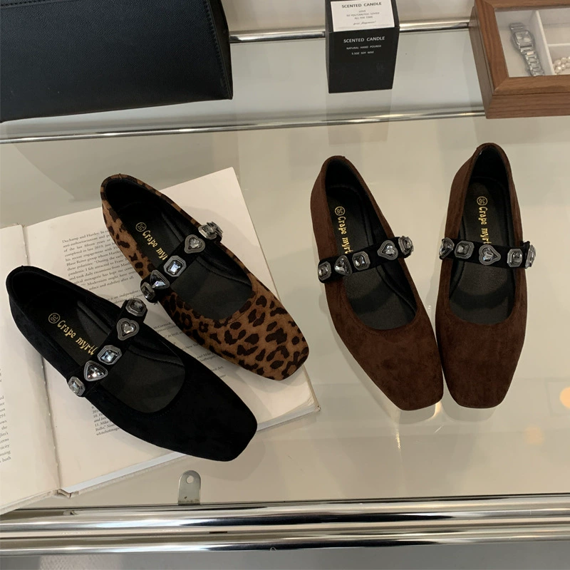 Zapatos Mary Jane Mujer Nuevo Diseño Nicho Punta Cuadrada Corazón Estampado Leopardo Coreano Tira Rhinestone