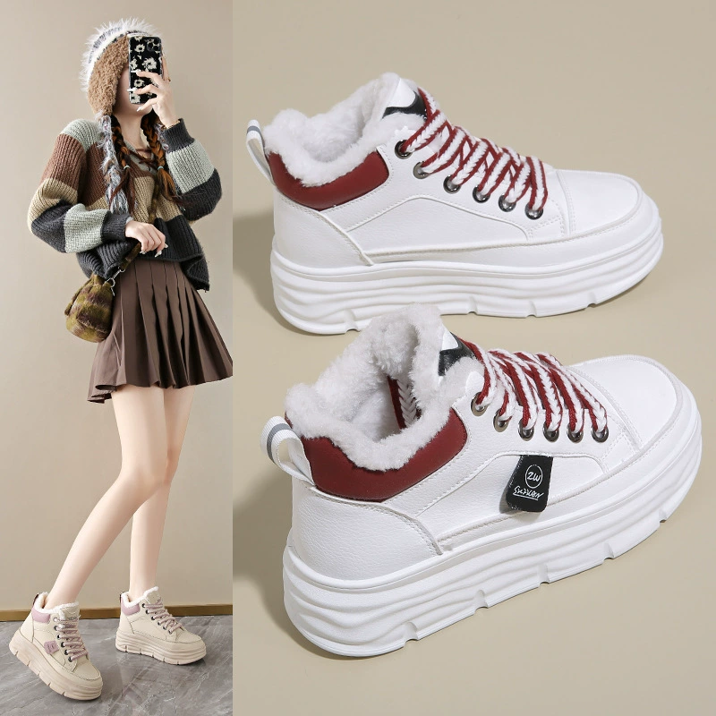 Baskets montantes blanches doublées polaire pour femme, hiver, chaudes, semelle épaisse, chaussures décontractées W3627