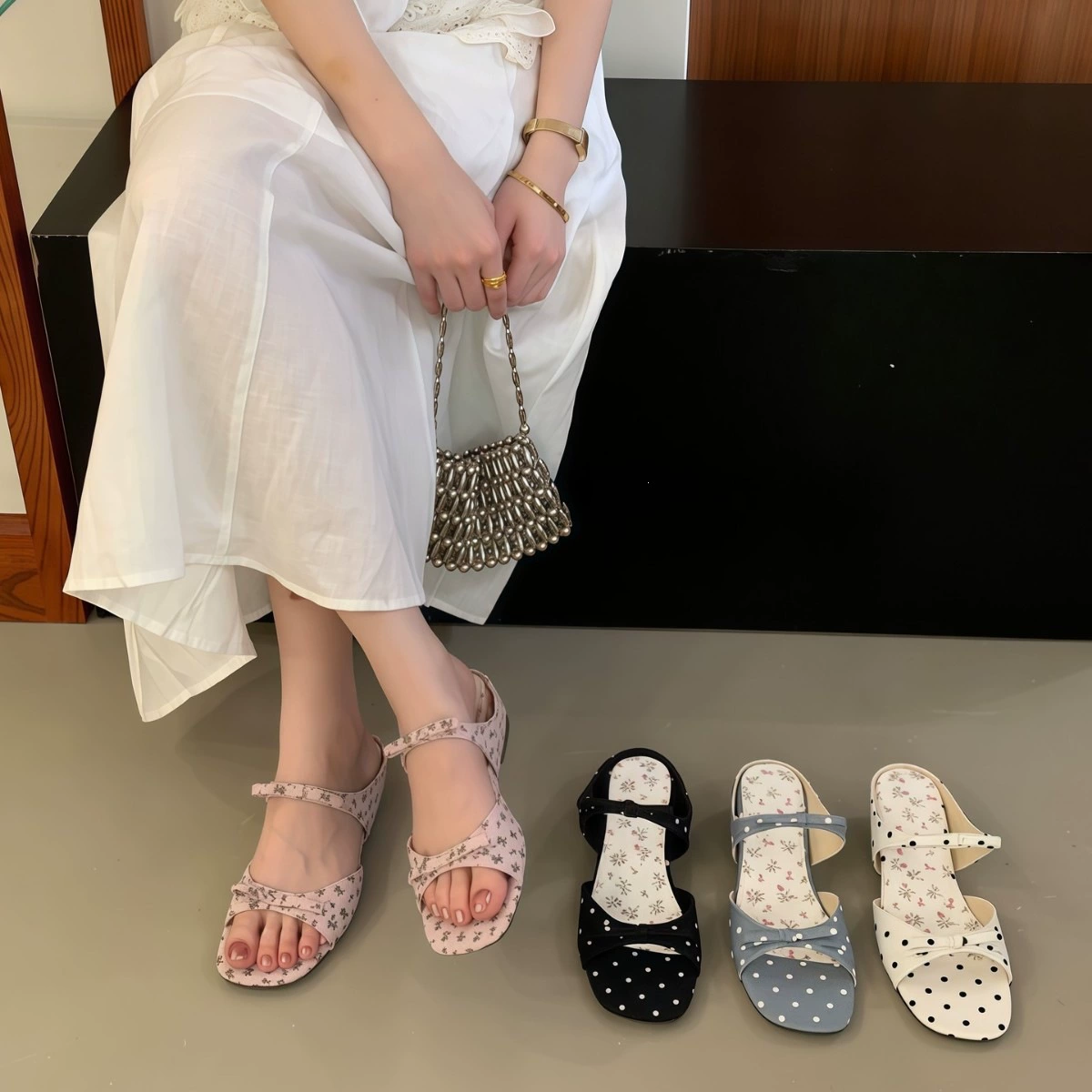 Sandales à une bride souples françaises, nœud, été 2026, pois, douces, confortables · MOHE China shoe factory