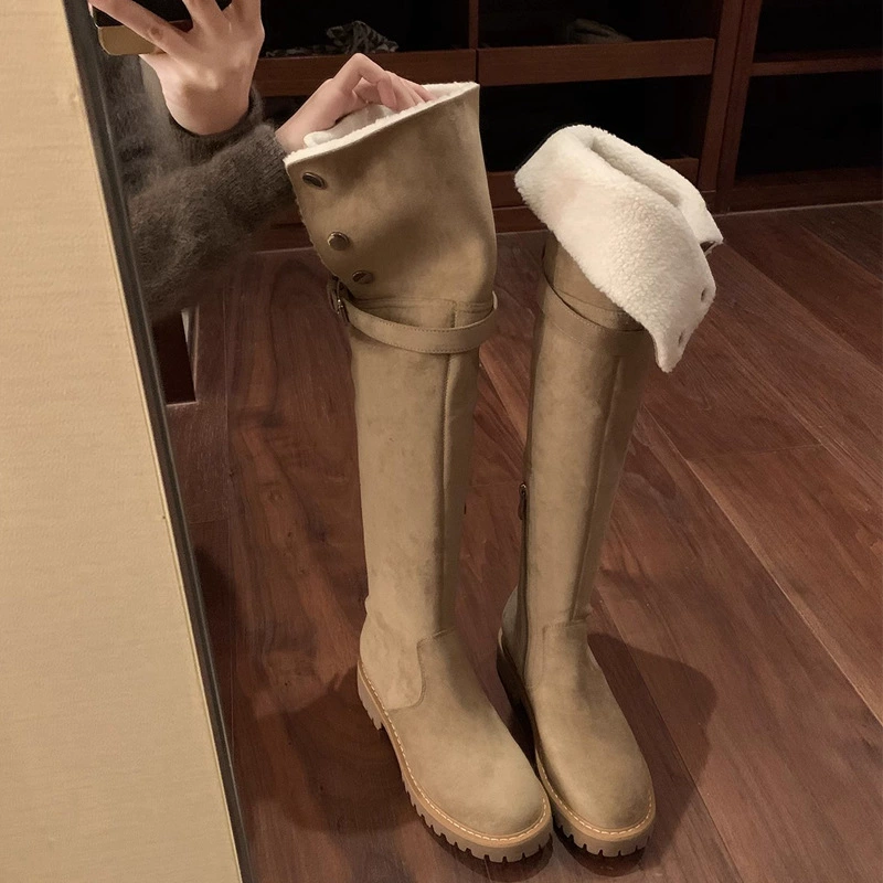 New Milan Poster Winter Warm Boots Over Knee Boots Round Toe Belt Buckle Snap Chunky Heel Elastic Long Boots