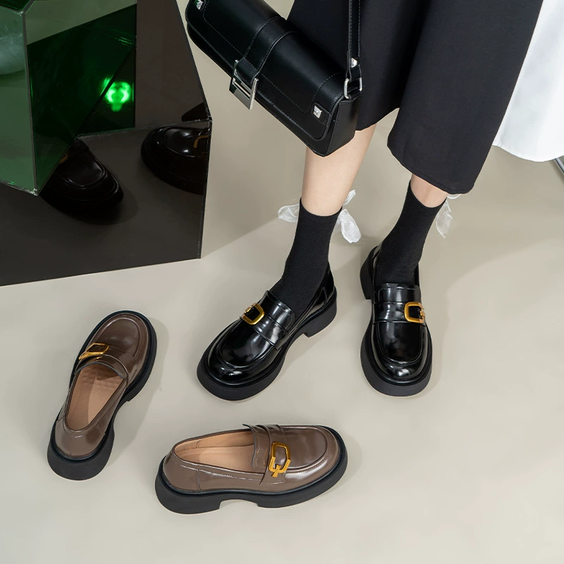 Nuevos Mocasines Británicos de Una Tira, Hebilla Cuadrada Metálica, Suela Gruesa, Tacón Grueso, Punta Redonda, Cuero Genuino