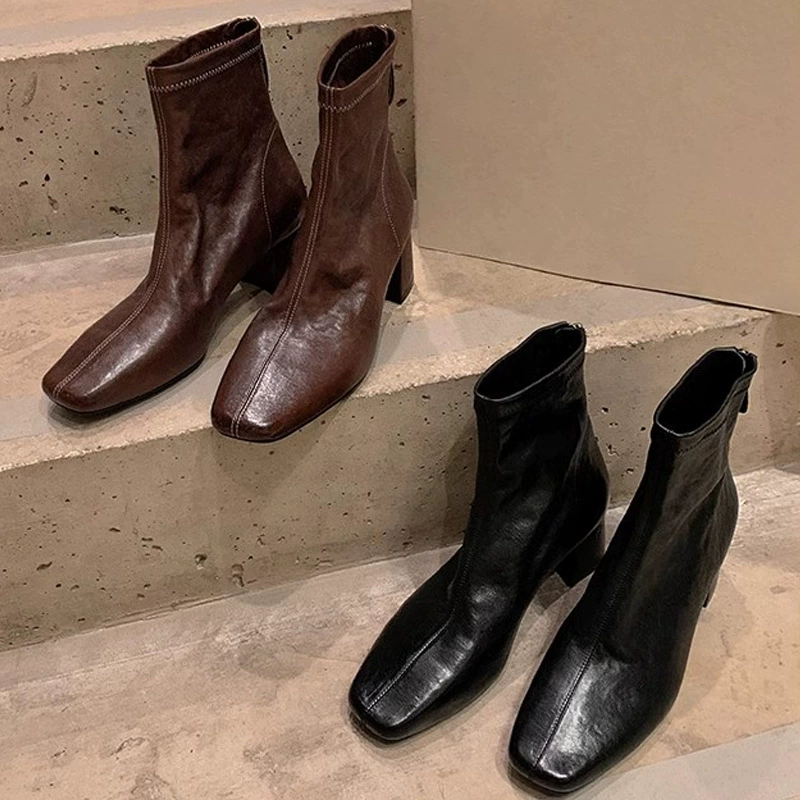 New Women's French Small Square Toe Distressed Shrunken Horsehide Slim Chunky Heel Short Boots for Fall Winter