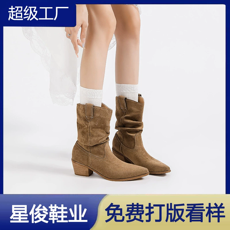 2025 Automne Hiver Bottes western rétro à bout pointu pour femmes Mode Plissées Genou