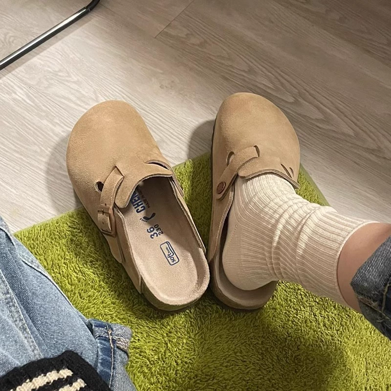 Zapatos tipo mule de punta redonda, cuero de vaca, retro grueso, otoño invierno