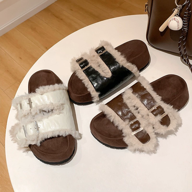 Nuevas Sandalias de Deslizamiento de Piel Gruesa con Doble Hebilla para Mujer, para Otoño Invierno Exterior