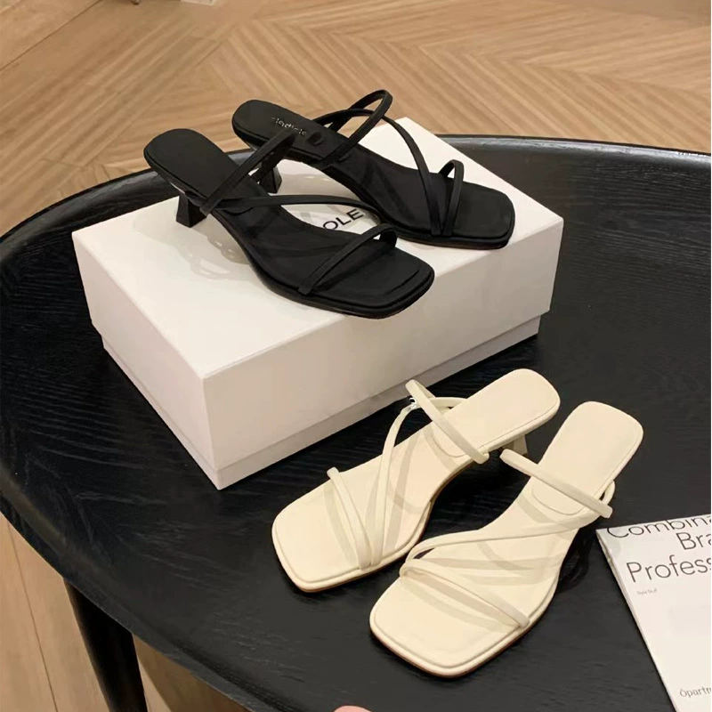 Sandalias de tacón alto con tiras finas, punta cuadrada, estilo hada, verano