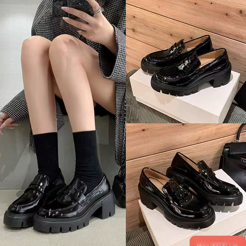 Sapatos Mocassim de Couro Legítimo com Salto Chunky e Aumento de 7cm para Mulheres - Estilo JK