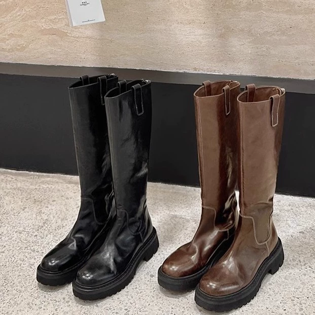New Women's Horsehide Round Toe Thick Sole Chunky Heel Slim Mid-Long Riding Boots for Fall Winter