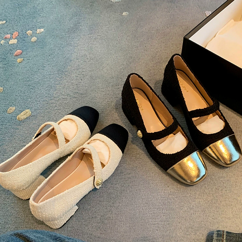 Nouvelles chaussures Mary Jane femme laine, bloc de couleur, talon mi-haut bloc, bout rond, bureau, talon bas confort · MOHE China shoe factory
