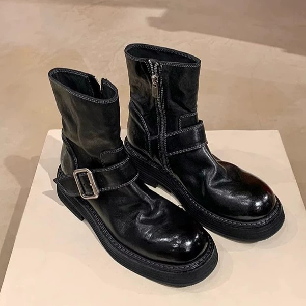 Nuevas Botas Cortas de Motociclista para Mujer Piel de Caballo Lavada Encogida Cremallera Lateral Hebilla para Otoño Invierno