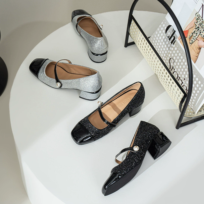 Nouvelles chaussures Mary Jane à paillettes scintillantes, bout carré, fête, automne pour femme