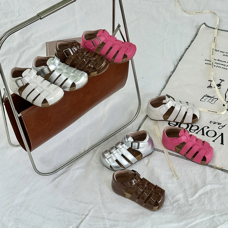 XSHX sandales en cuir rétro Birkenstock romaines pour enfants, bout couvert, bride arrière