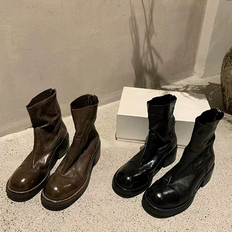 Nuevas Botas Cortas Martin Otoño Invierno Vintage Tacón Grueso Cremallera Trasera 6cm Piel de Caballo Lavada Encogida Mujer
