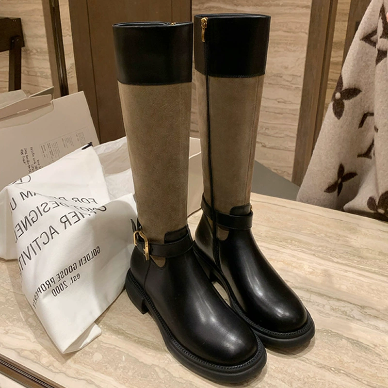 Nouvelles bottes slim automne hiver britanniques vintage, bloc de couleur, boucle, bout rond, talon bloc, mi-mollet