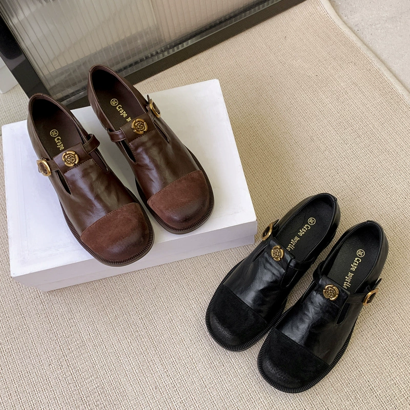 Novo Primavera Vintage Camélia Boca Profunda Sapatos Mary Jane Salto Grosso