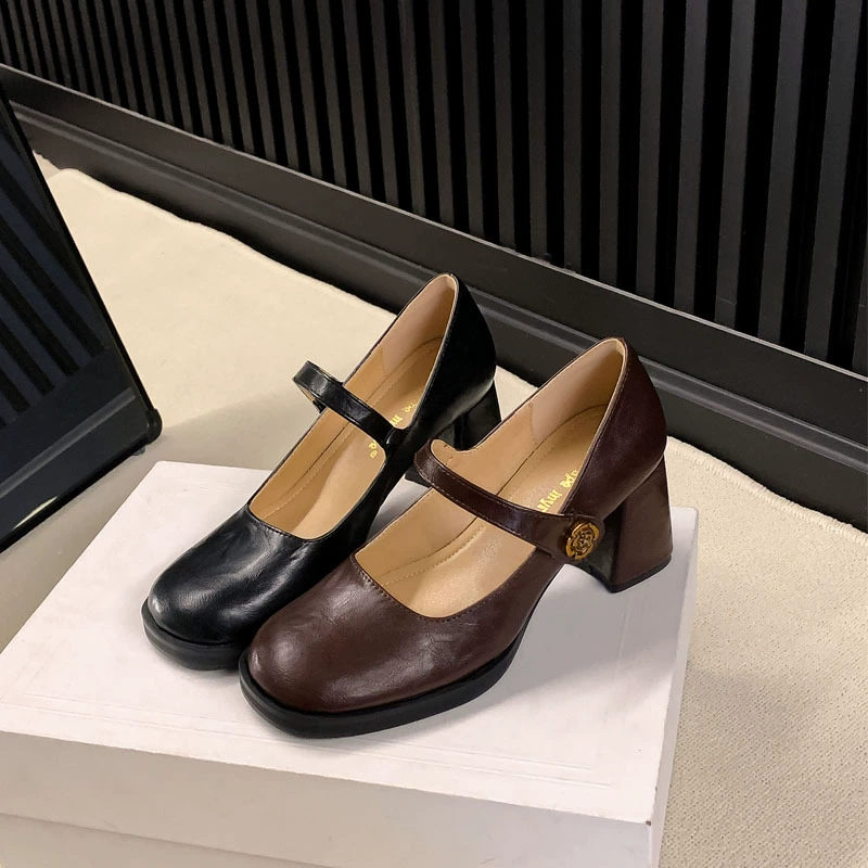 Chaussures Mary Jane vintage françaises à talon haut, fleur de camélia pour femmes