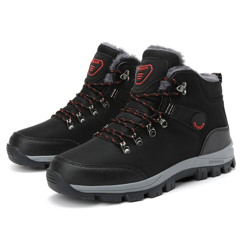 Winter Men's High Top Fleece Lined Hiking Boots, Waterproof Leather Snow Boots for Outdoor Travel
