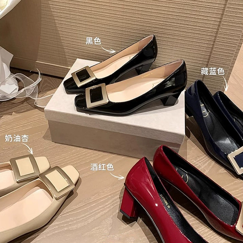 Nouvelles Chaussures à Talon Carré Boucle Printemps pour Femme, Talons Hauts Vintage de Bureau